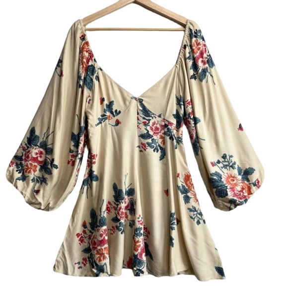 FREE PEOPLE FRANCESCA FLoral Cream Dress with Long Sleeves - Picture 1 of 5